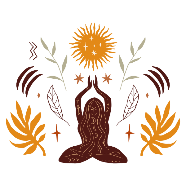 Schamanische Reise-Symbolik: Eine weibliche Figur umgeben von Sonnen- und Blattsymbolen.